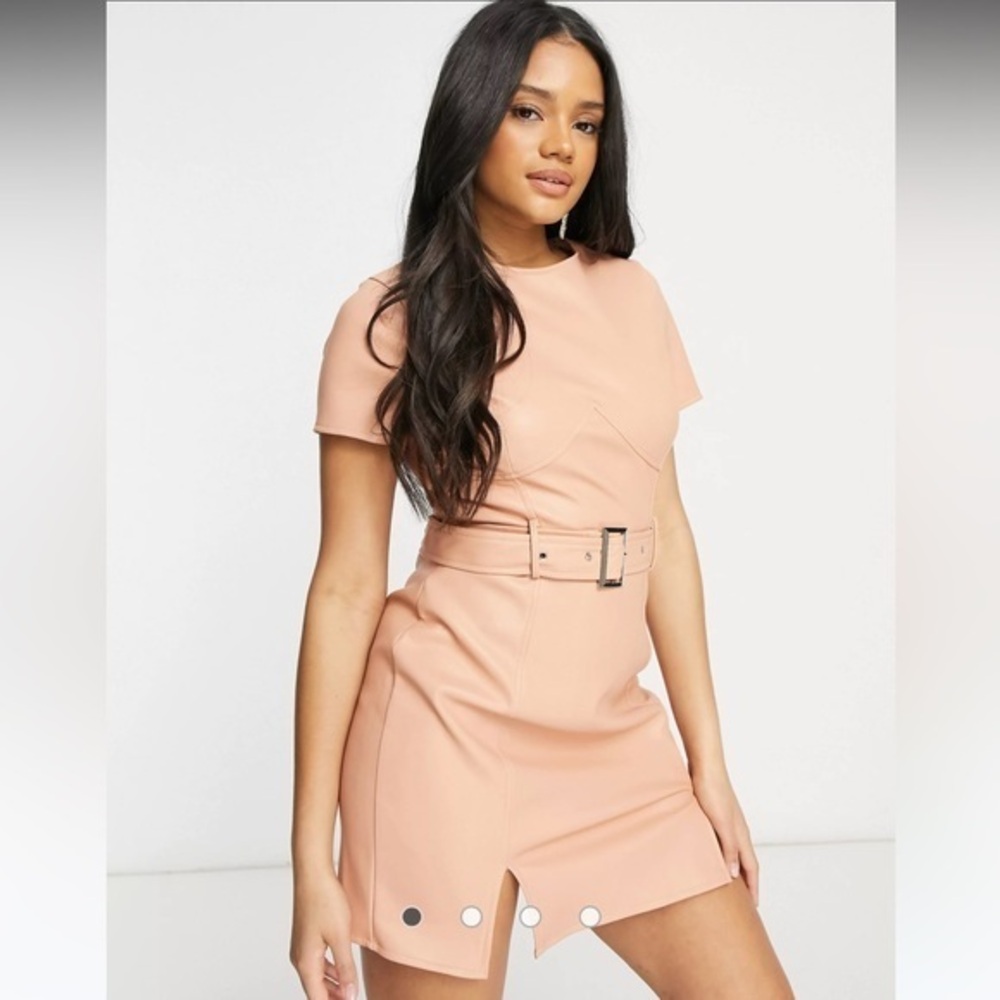 Missguided faux leather belted dress with bust detail in peach, NWT, size 12
